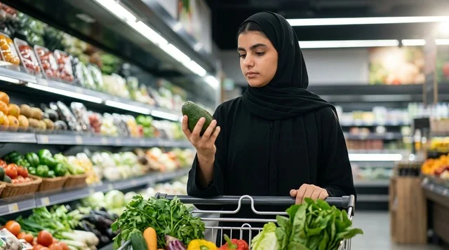 امرأة عربية تتسوق لشراء الخضروات الطازجة في السوبرماركت