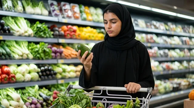 امرأة عربية تتسوق الخضار الطازجة في السوبرماركت