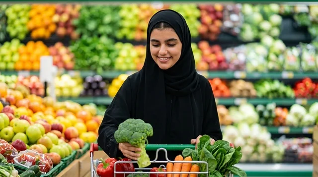 امرأة عربية تتسوق لشراء الخضار الطازجة في السوبرماركت