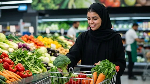 Arab Woman Shopping for Fresh Vegetables in Supermarket