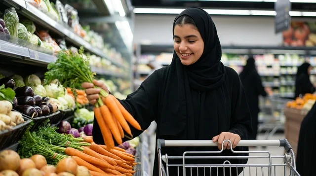 امرأة عربية تتسوق وتختار الجزر الطازج في السوبرماركت امرأة عربية تتسوق وتختار الجزر الطازج في السوبرماركت