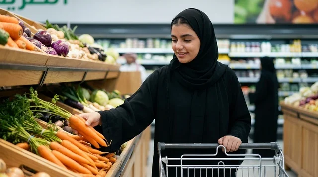 امرأة عربية تتسوق الخضار الطازجة في السوبرماركت