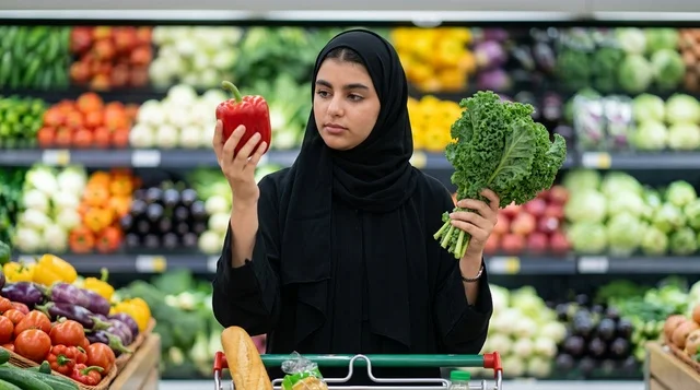 امرأة عربية بالحجاب تختار الخضار الطازجة في السوبرماركت امرأة عربية بالحجاب تختار الخضار الطازجة في السوبرماركت