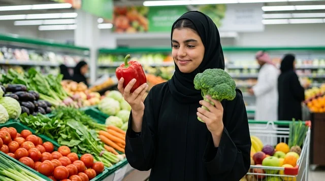 امرأة عربية تتسوق الخضار الطازجة في السوبرماركت