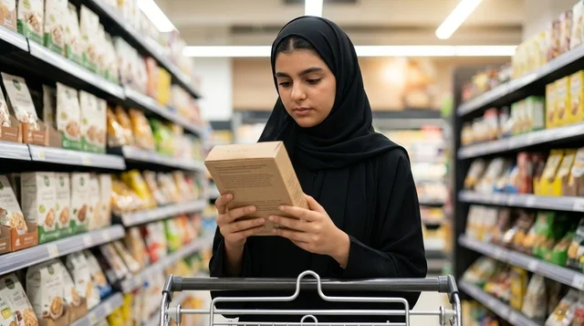 امرأة عربية محجبة تتفحص ملصق منتج في السوبرماركت امرأة عربية محجبة تتفحص ملصق منتج في السوبرماركت