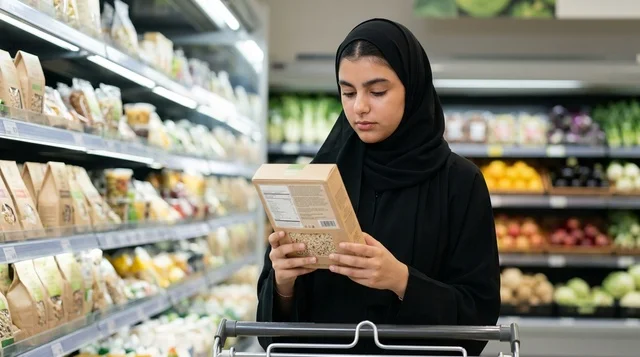امرأة عربية تتسوق وتقرأ ملصق المنتجات في السوبرماركت