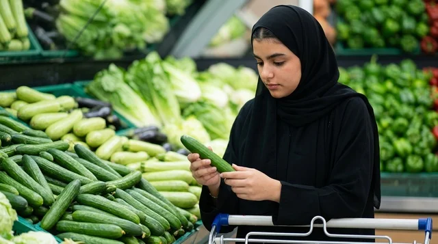 امرأة عربية تتسوق وتختار الخضار الطازجة في السوبرماركت