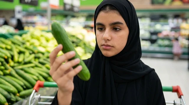 امرأة عربية محجبة تتسوق الخضار الطازجة في السوبرماركت