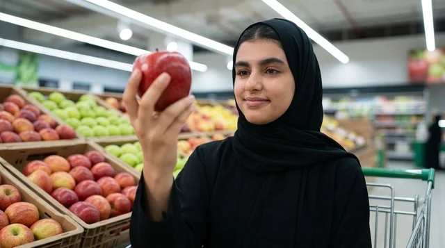 Arab Woman in Hijab Choosing Fresh Apple in Supermarket