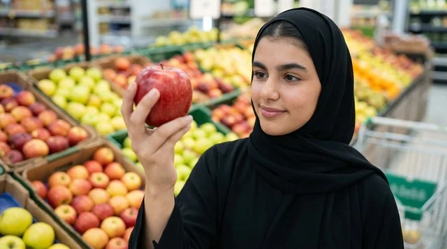 امرأة عربية بالحجاب تحمل تفاحة حمراء في السوبرماركت