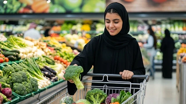 امرأة عربية محجبة تتسوق الخضروات الطازجة في السوبرماركت