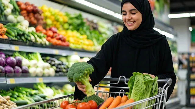 امرأة عربية تتسوق لشراء الخضروات الطازجة من السوبرماركت