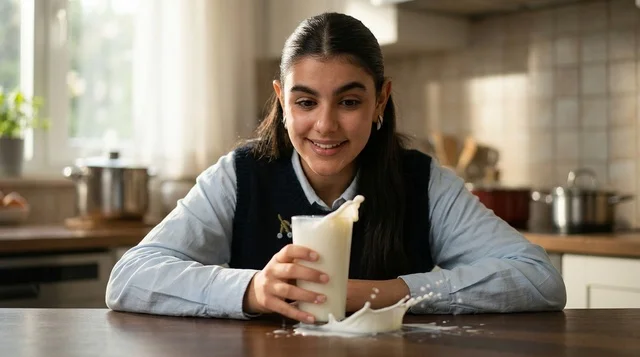 Arab Schoolgirl with Splashing Glass of Milk in Kitchen Arab Schoolgirl with Splashing Glass of Milk in Kitchen