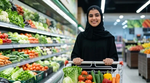 امرأة عربية تتسوق بالعباءة في قسم الخضروات بالسوبرماركت