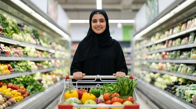 امرأة عربية تتسوق مع عربة البقالة في السوبرماركت