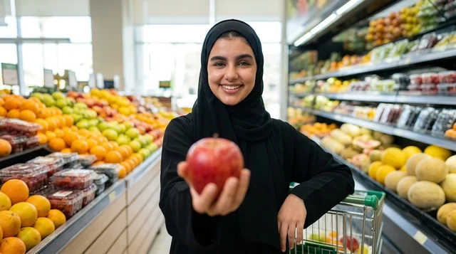 امرأة عربية تتسوق الفواكه الطازجة في السوبرماركت