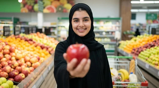 امرأة عربية محجبة تحمل تفاحة حمراء في السوبرماركت