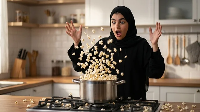 امرأة عربية متفاجئة من تطاير الفشار داخل المطبخ امرأة عربية متفاجئة من تطاير الفشار داخل المطبخ