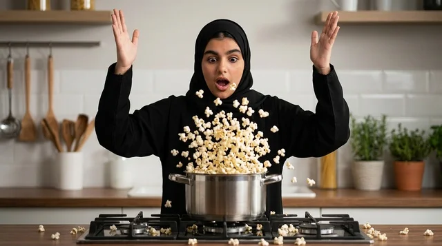 امرأة عربية متفاجئة بالفشار المتطاير داخل المطبخ الحديث امرأة عربية متفاجئة بالفشار المتطاير داخل المطبخ الحديث