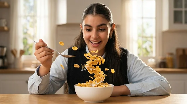Young Arab Woman Eating Breakfast Cereal in Kitchen