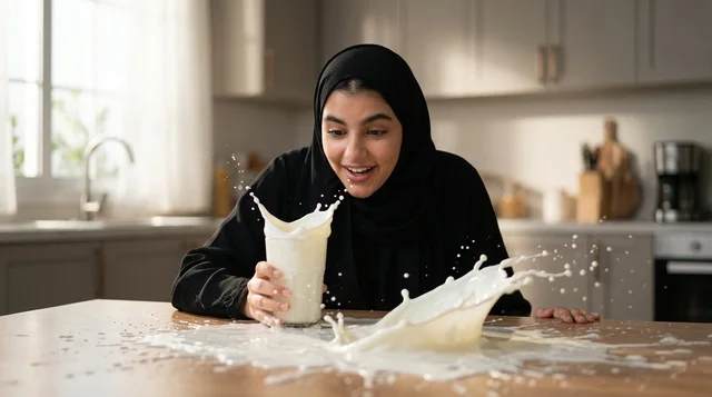 امرأة عربية بالحجاب مع انسكاب وتناثر الحليب في المطبخ