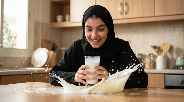 امرأة سعودية مع كوب حليب يتناثر في المطبخ المنزلي امرأة سعودية مع كوب حليب يتناثر في المطبخ المنزلي