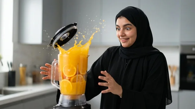 امرأة عربية متفاجئة من تناثر عصير البرتقال من الخلاط