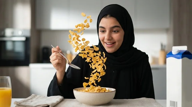امرأة عربية محجبة تتناول رقائق الذرة في المطبخ الحديث