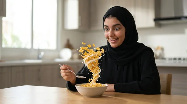 Arab Woman Eating Breakfast Cereal With Milk Splash
