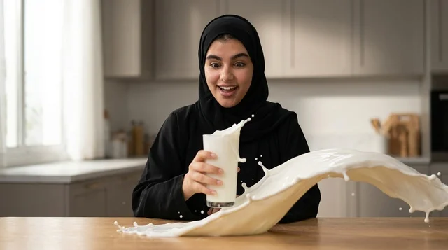 امرأة عربية تحمل كوب حليب مع رذاذ في المطبخ