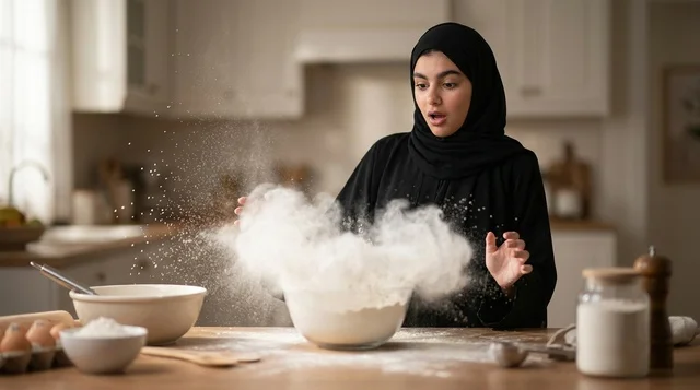 امرأة عربية متفاجئة في المطبخ مع تطاير الطحين والخبز