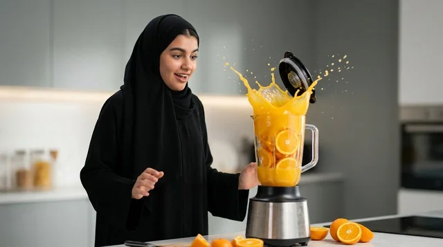امرأة عربية تصنع عصير البرتقال في الخلاط الكهربائي امرأة عربية تصنع عصير البرتقال في الخلاط الكهربائي