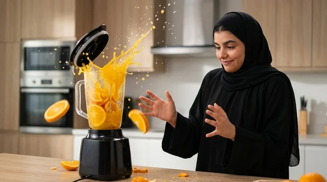 Saudi Woman Reacting to Orange Juice Blender Splash