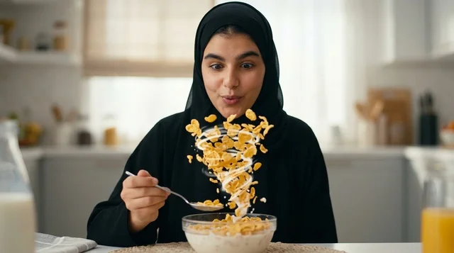 امرأة عربية تتناول رقائق الذرة في المطبخ