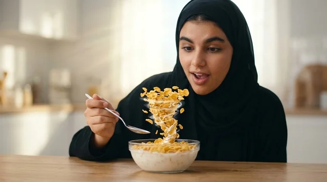 Arab Woman in Hijab Eating Breakfast Cereal in Kitchen