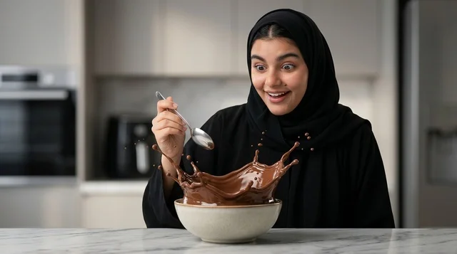 امرأة عربية متحمسة مع رشة شوكولاتة سائلة في المطبخ امرأة عربية متحمسة مع رشة شوكولاتة سائلة في المطبخ
