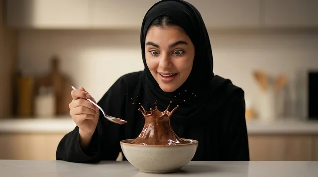 امرأة سعودية مع رذاذ الشوكولاتة في المطبخ