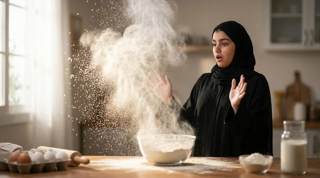 امرأة عربية متفاجئة من تطاير الدقيق داخل المطبخ