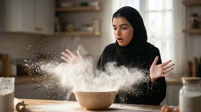 Surprised Arab Woman with Flour Explosion in Kitchen