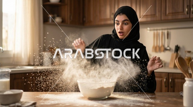 Surprised Arab Woman with Exploding Flour in Kitchen