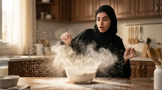 Surprised Arab Woman with Exploding Flour in Kitchen