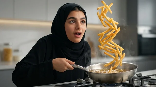 Arab Woman Tossing French Fries in a Modern Kitchen