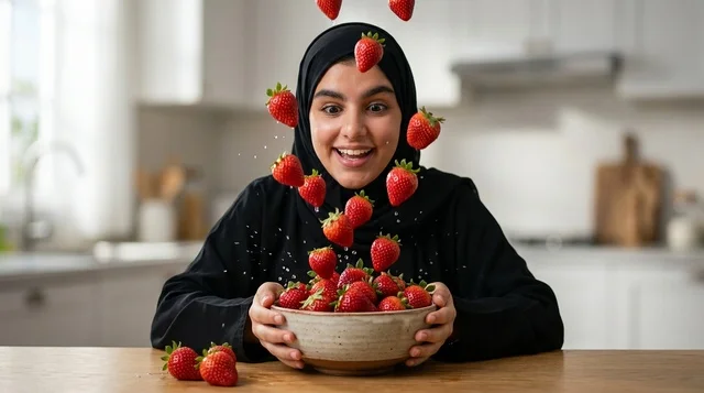 شابة عربية محجبة تمسك وعاء الفراولة في المطبخ الحديث شابة عربية محجبة تمسك وعاء الفراولة في المطبخ الحديث