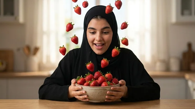 امرأة عربية محجبة تحمل وعاء فراولة طازجة في المطبخ