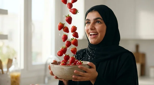 امرأة عربية مبتسمة مع حبات الفراولة المتساقطة في المطبخ