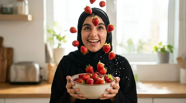 امرأة عربية محجبة تحمل وعاء فراولة متساقطة في المطبخ امرأة عربية محجبة تحمل وعاء فراولة متساقطة في المطبخ