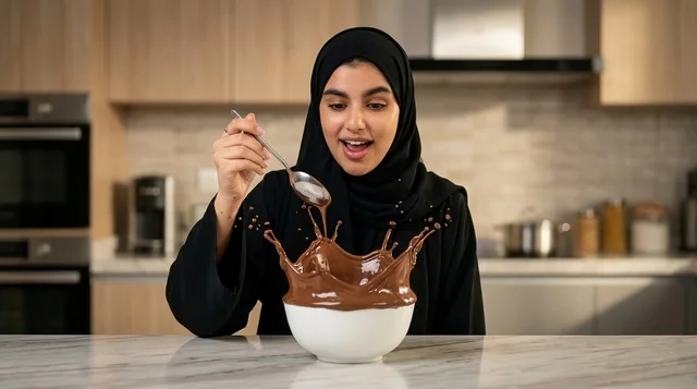 امرأة عربية تحضر الشوكولاتة في المطبخ
