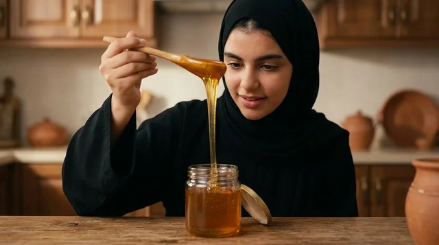 Arab Woman Pouring Fresh Honey in a Cozy Kitchen