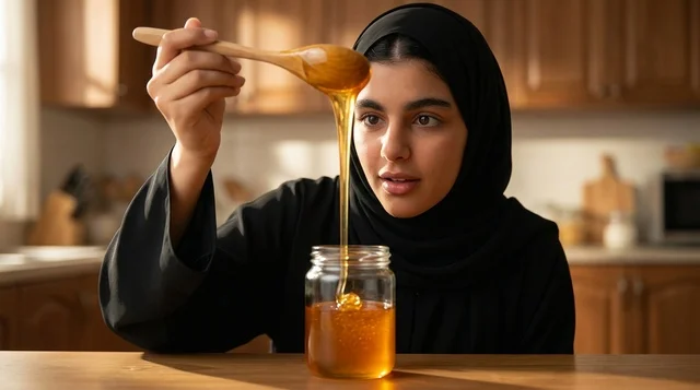 Arab Woman Dripping Golden Honey from Wooden Spoon