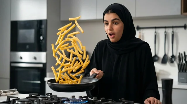 امرأة عربية تقلب البطاطس المقلية في المطبخ الحديث